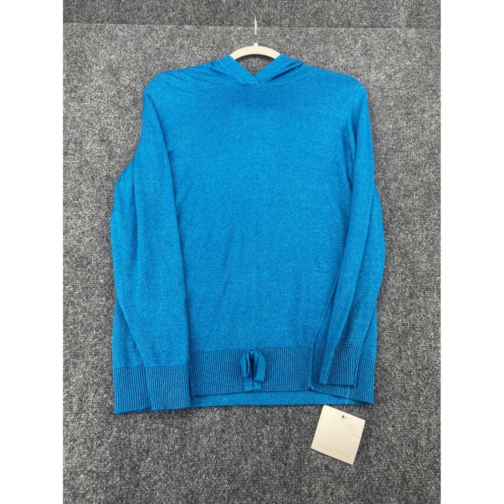 Falls Creek Hooded Sweater Girls XL 14/16 Blue Metallic Knit Long Sleeve Hoodie